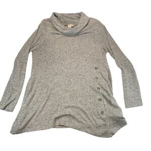 MISIA Cowl Neck Tunic Sweater Side Buttons Gray Heathered Tapered Hem M Women's